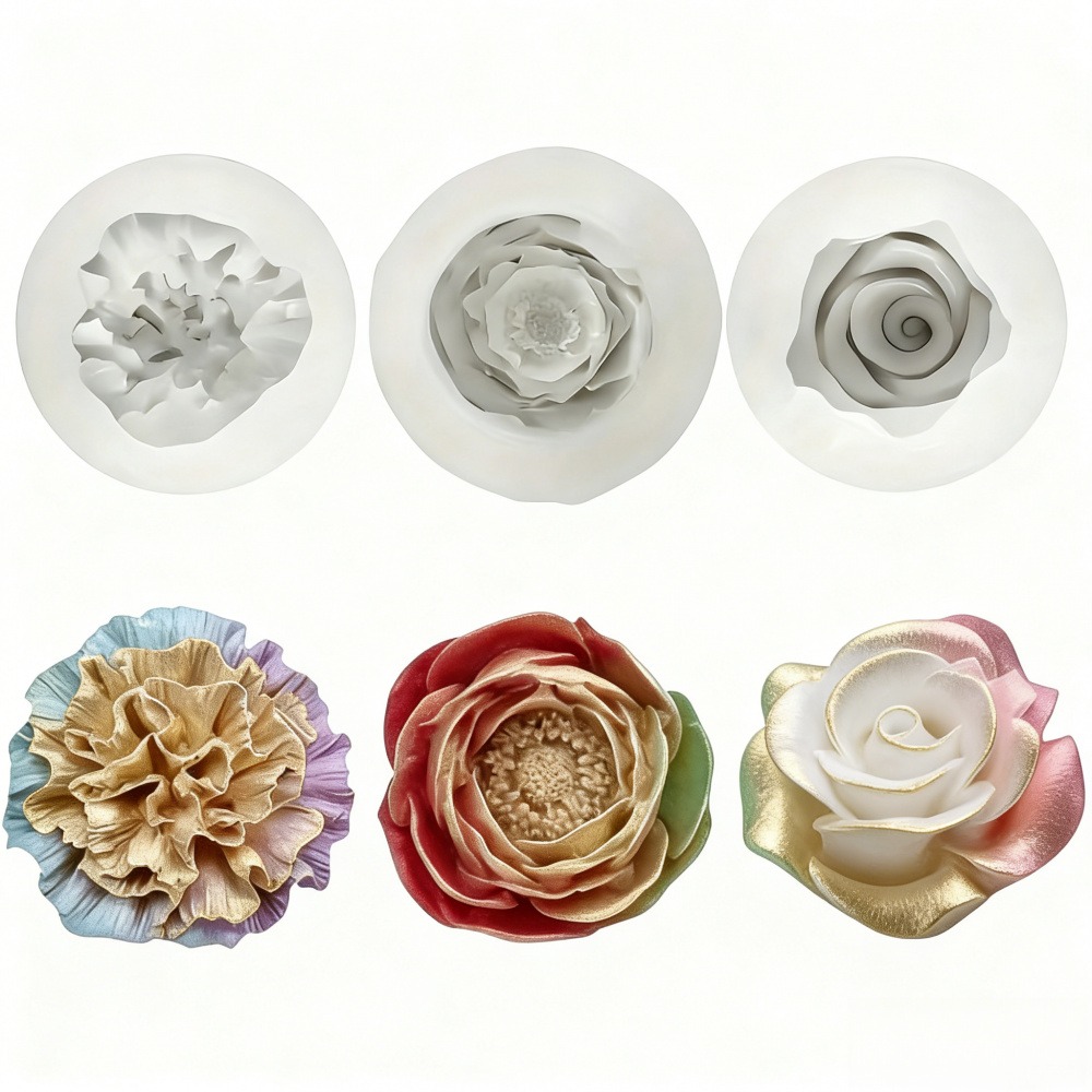 Resin Art For Wedding Gift - แม่พิมพ์ซิลิโคน 3 ชิ้นสำหรับดอกกุหลาบ ดอกโบตั๋น และดอกคาร์เนชั่น เหมาะสำหรับเทียน